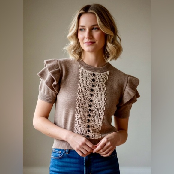 H&M Tan Cottage Core Lace Bib Trim Black Buttons S/S Ruffle Sweater Small - Picture 1 of 6